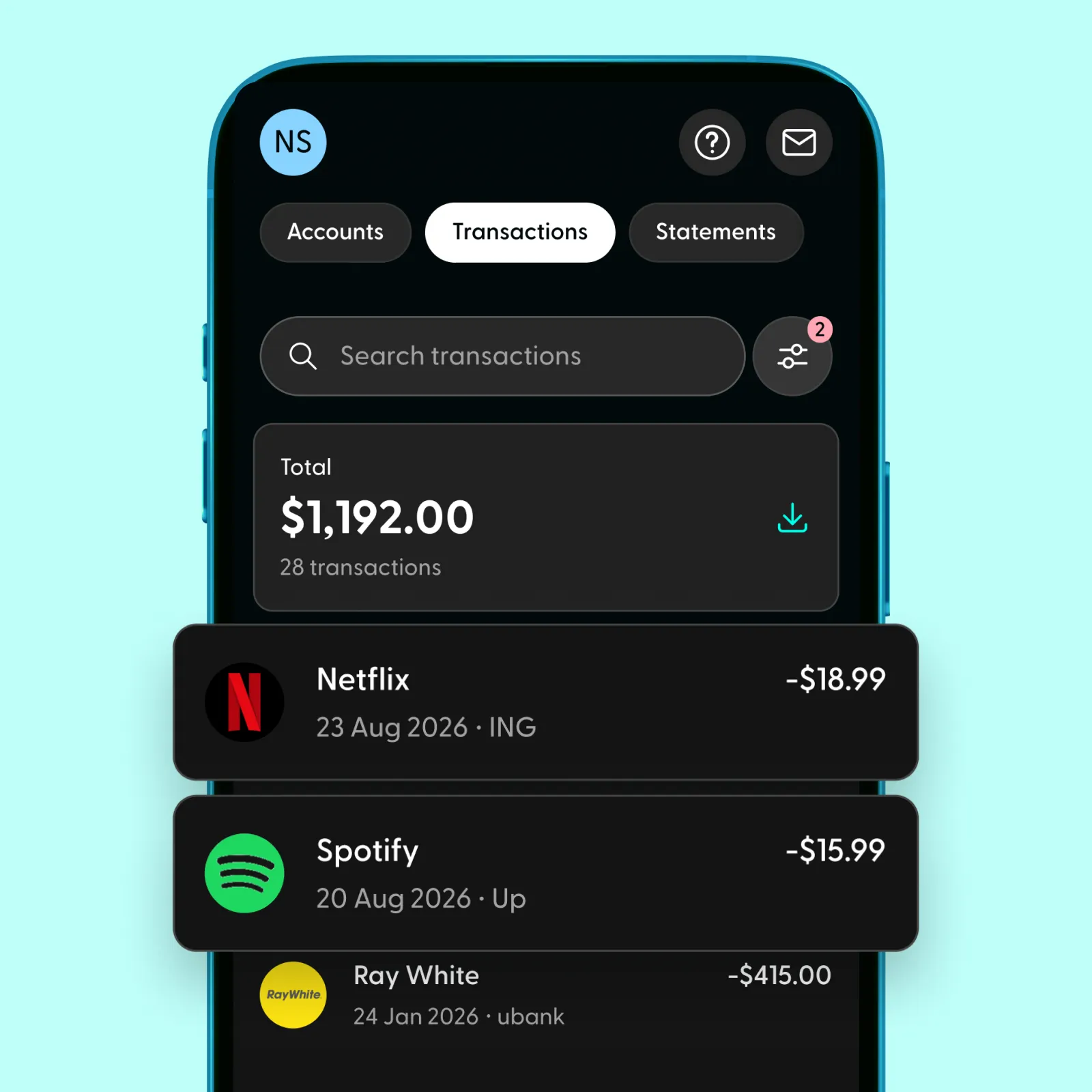 Search and discover accounts connected within the banking app.